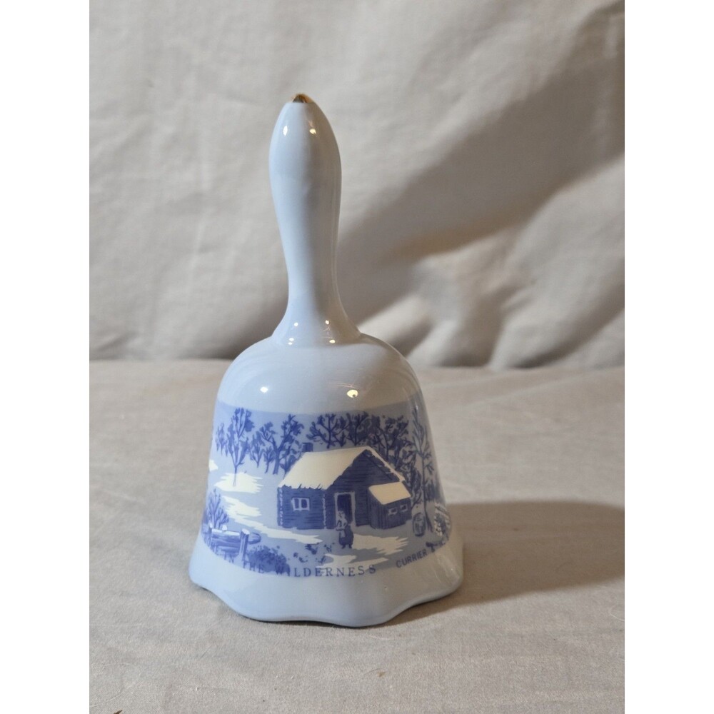 Set Of 2 Vintage Currier & Ives Blue And White Ceramic Bells Home In The Wild